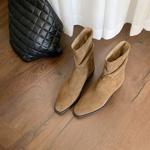 Damen modische Stiefeletten mit gerafftem Design und bequemem Blockabsatz EB