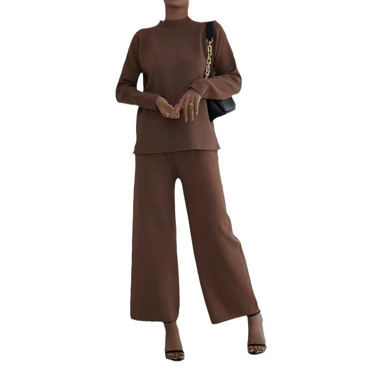Damen elegantes und lässiges Strick-Loungewear-Set mit hohem Kragen und weiten Beinen EB