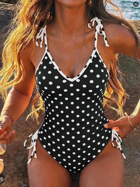 Damen einteiliges Schwimmoutfit mit verspieltem Punkten-Design EB