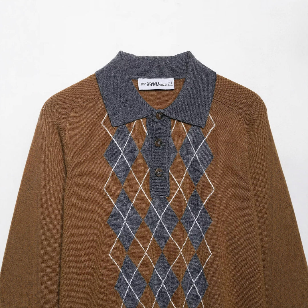 Damen Pullover mit klassischem Polokragen und modernem Rautenmuster EB