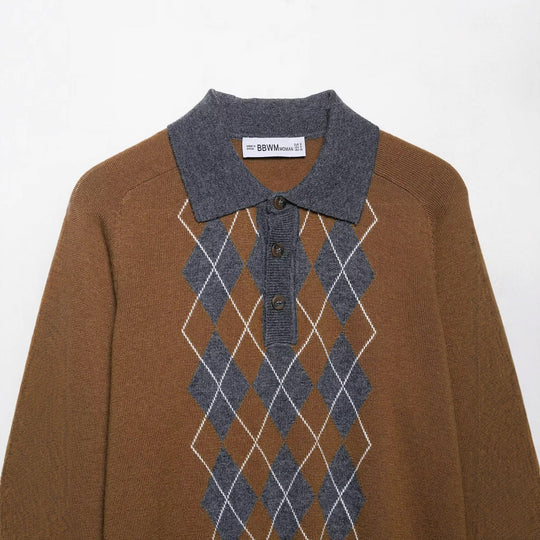Damen Pullover mit klassischem Polokragen und modernem Rautenmuster EB