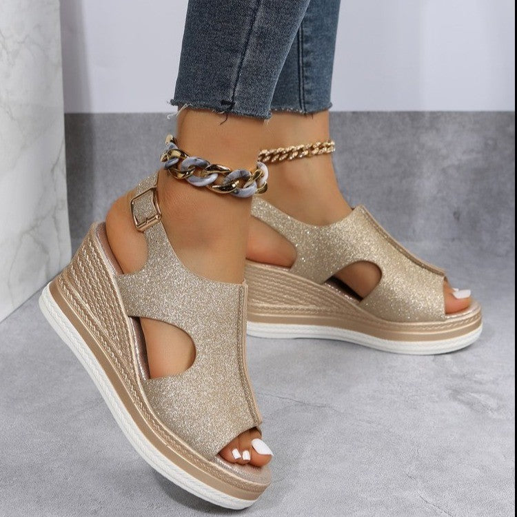 Damen Wedge-Sandalen mit glitzerndem Obermaterial und komfortablem Fußbett EB