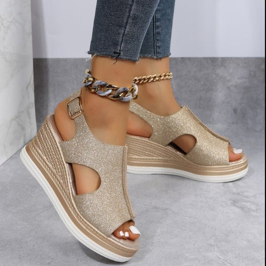 Damen Wedge-Sandalen mit glitzerndem Obermaterial und komfortablem Fußbett EB