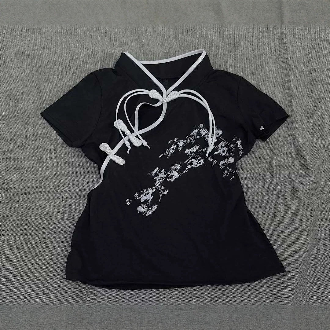 Damen Modernes Chinesisches Kurzarm-T-Shirt mit kreativem Knotendesign EB