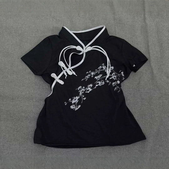 Damen Modernes Chinesisches Kurzarm-T-Shirt mit kreativem Knotendesign EB