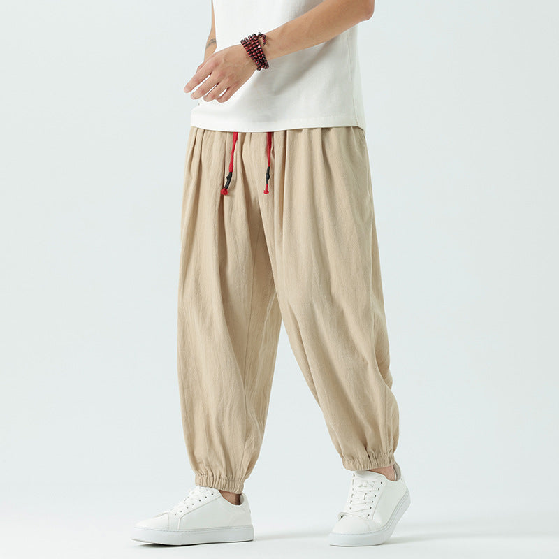 Herren nan locker geschnittene Leinen-Baumwoll Hose mit Kordelzug und elastischen Bündchen EB