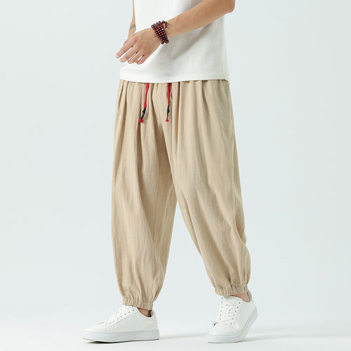 Herren nan locker geschnittene Leinen-Baumwoll Hose mit Kordelzug und elastischen Bündchen EB
