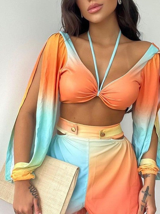 Damen cropped Top mit schulterfreien Ärmeln und farbverlaufendem Design EB