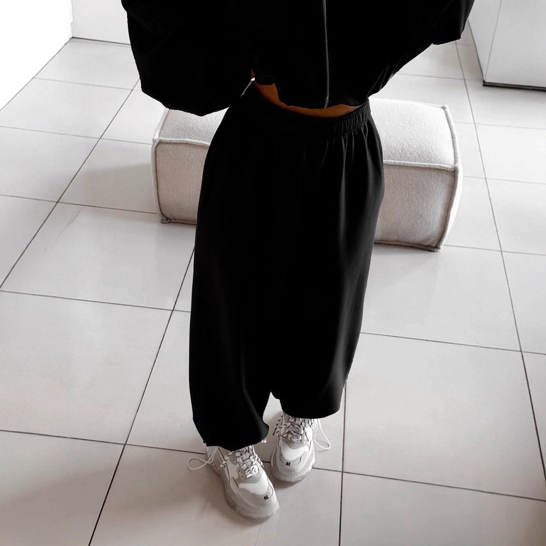 Damen nan oversized Kapuzenjacke mit durchgehendem Reißverschluss und Highwaist Gummibund-Jogginghose Set EB