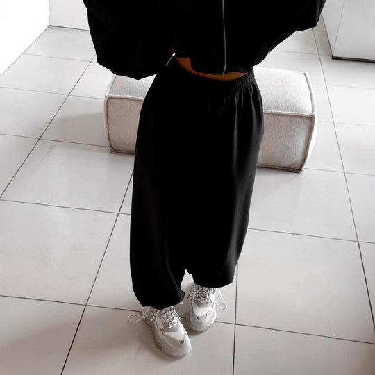 Damen nan oversized Kapuzenjacke mit durchgehendem Reißverschluss und Highwaist Gummibund-Jogginghose Set EB