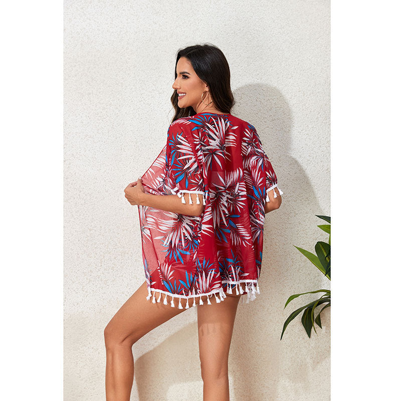 Damen Strandmode Set mit floralem Kimono und passendem Bikini EB