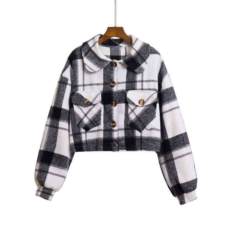 Damen modische Karojacke mit cropped Schnitt und praktischen Taschen EB