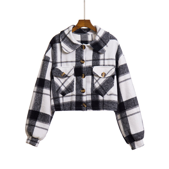 Damen modische Karojacke mit cropped Schnitt und praktischen Taschen EB