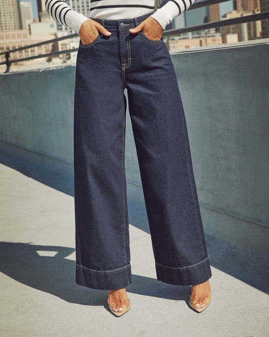 Damen Weit geschnittene Jeanshose mit hohem Bund und eleganter Naht EB