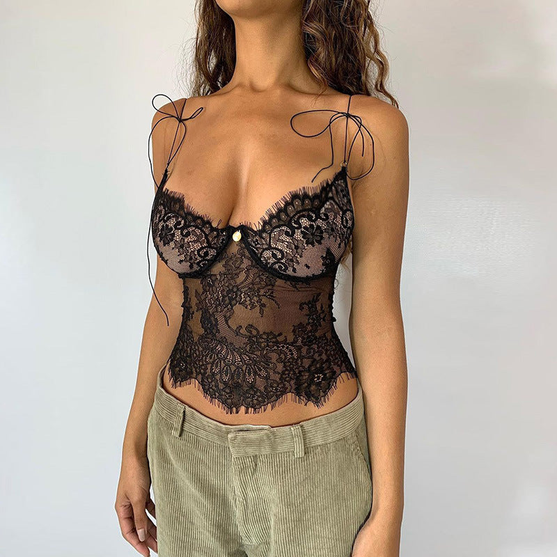 Damen Spitzenhemd mit verstellbaren Trägern und eleganter Ziernaht EB