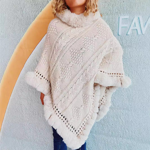 Damen Strickponcho mit dekorativem Kragen und gefüttertem Saum EB
