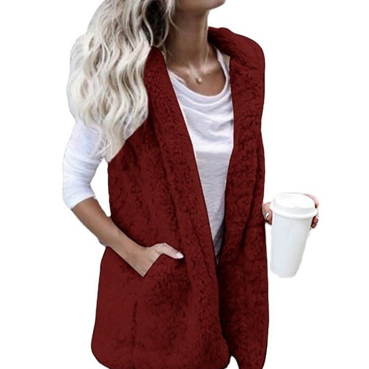 Damen nan flauschige Teddyweste mit Schalkragen und Eingrifftaschen EB