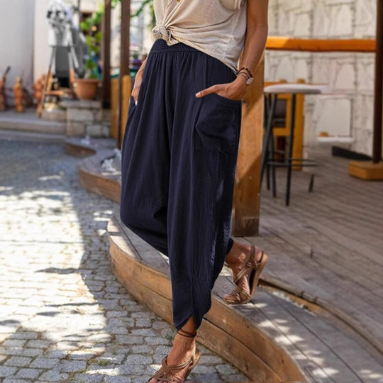 Damen nan lässige Haremshose mit elastischem Smockbund, aufgesetzten Taschen und gerafftem Knöchelabschluss EB