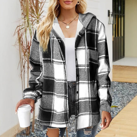 Damen lässige Overshirt-Jacke mit Kapuze und praktischem Kordelzug EB