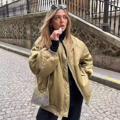 Damen lässige Bomberjacke mit elastischem Bund und praktischen Taschen EB