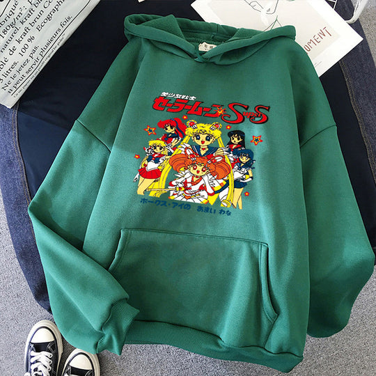 Damen nan Oversize-Kapuzenpullover mit gerautem Fleecefutter, Retro‑Anime‑Print und Kängurutasche EB
