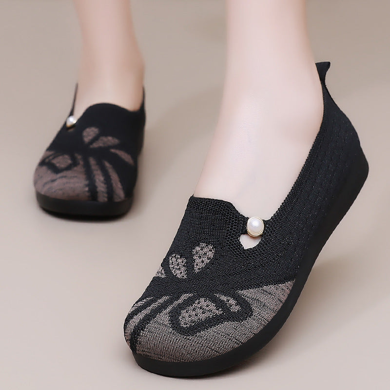 Damen Bequeme Slipper mit dekorativem Strickmuster und Perlenverzierung EB