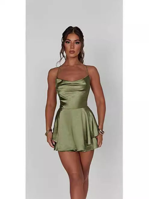 Damen Satin Minikleid mit schwingendem Rock und feinen Spaghettiträgern EB