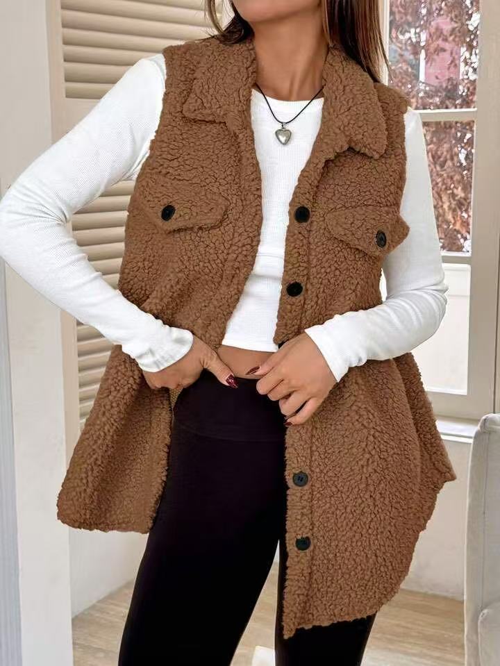 Damen Plüsch Weste mit Taschen EB