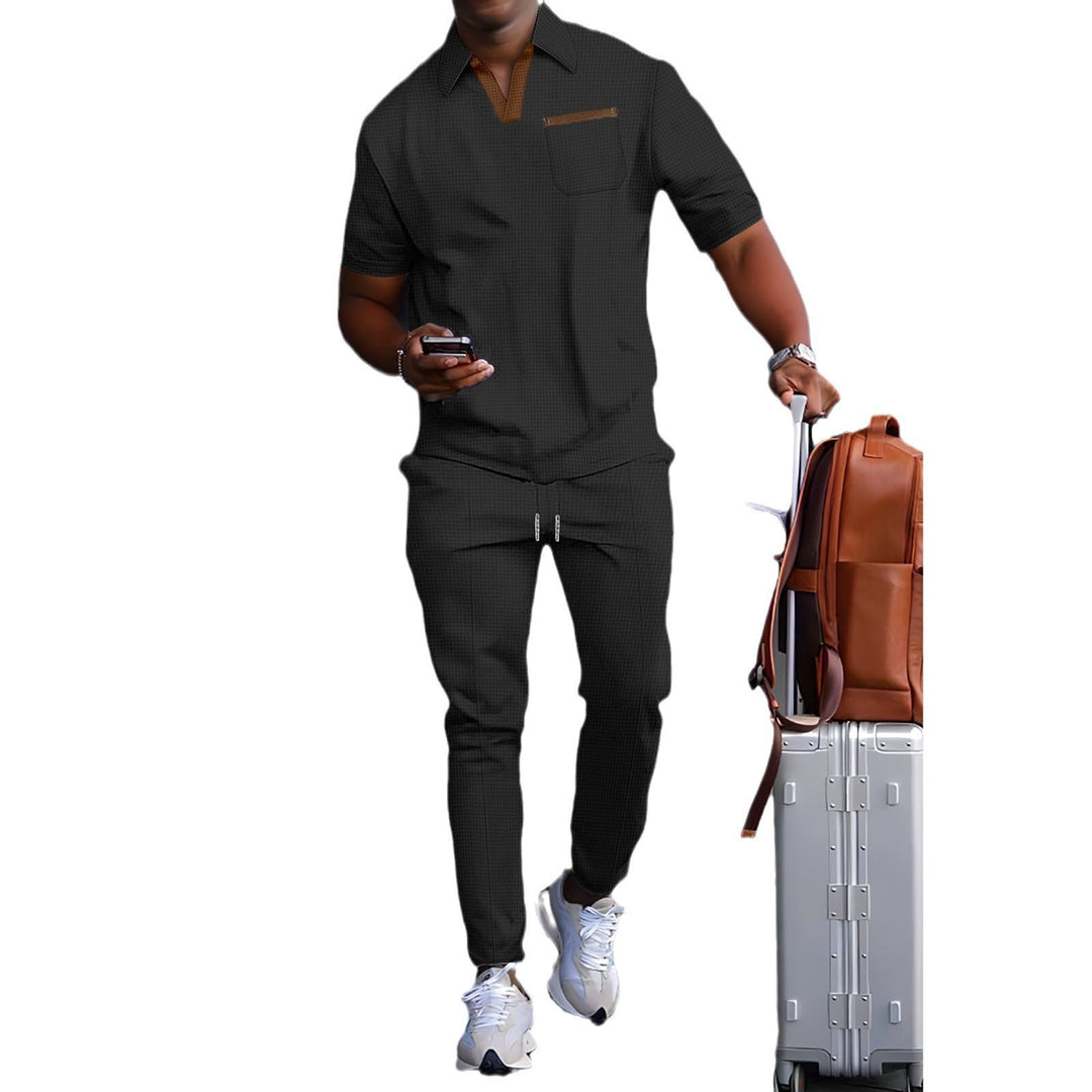 Herren nan lässiges Freizeitset aus elastischem Jersey mit V-Ausschnitt Brusttasche und Kordelbund EB