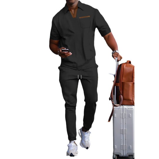 Herren nan lässiges Freizeitset aus elastischem Jersey mit V-Ausschnitt Brusttasche und Kordelbund EB