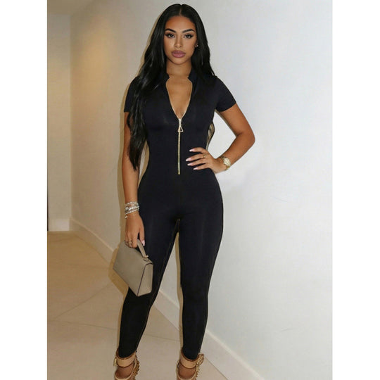 Damen Figurbetonter Jumpsuit mit hohem Ausschnitt und Reißverschluss EB