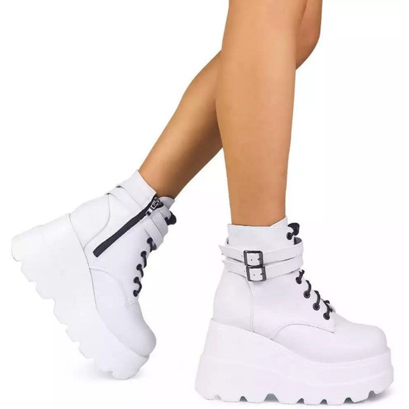 Damen Plateau-Stiefel mit modischem Schnallen-Design und praktischem Reißverschluss EB