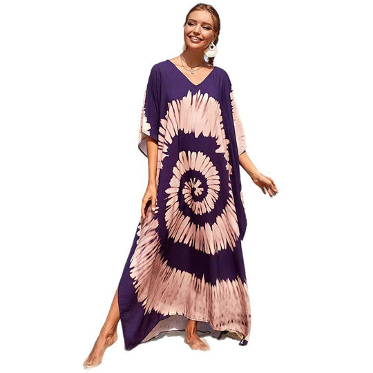 Damen Strandkleid mit buntem Batikdesign und weit geschnittenen Ärmeln EB