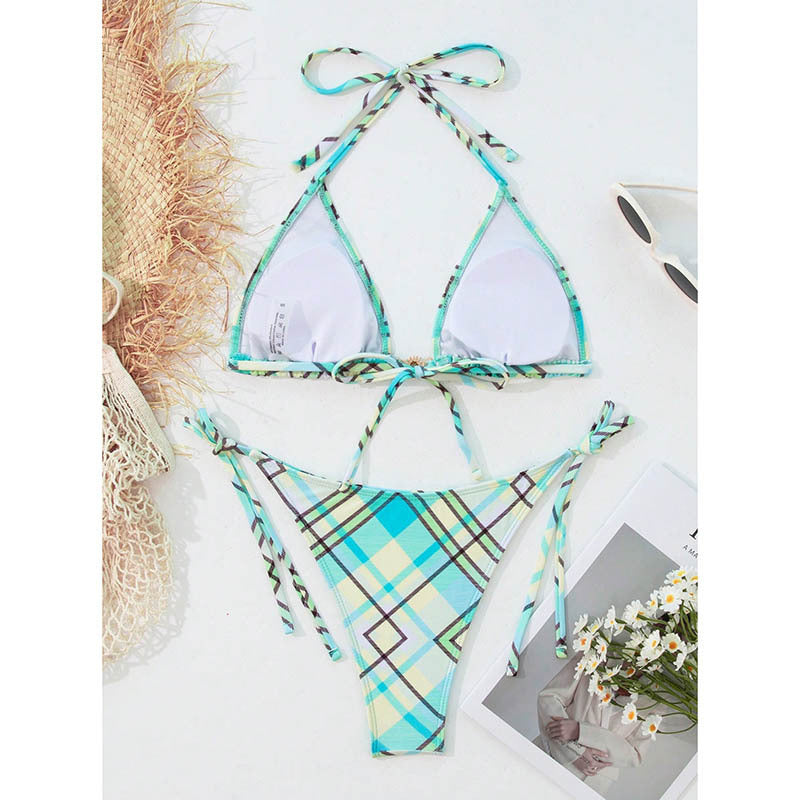 Damen Triangel-Bikini mit modischem Karomuster und verstellbaren Bindebändern EB
