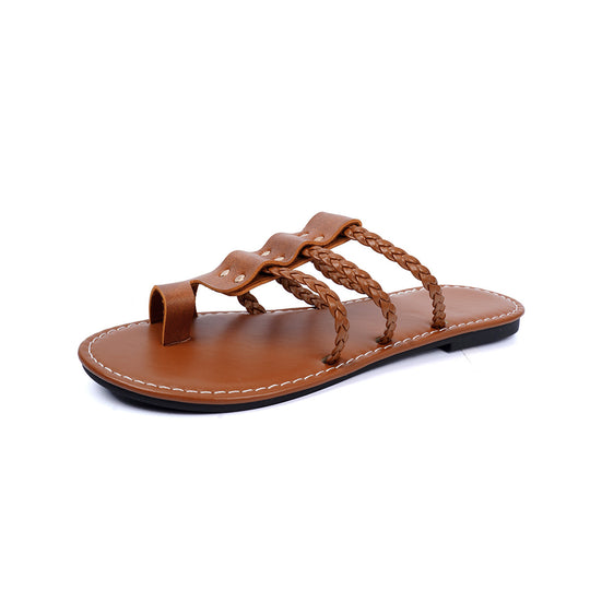 Damen modische Sandalen mit geflochtenem Design und robusten Metallakzenten EB