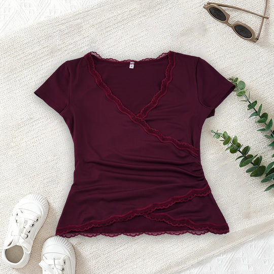 Damen Wickeloberteil mit Spitzenbesatz und Rüschendetails EB