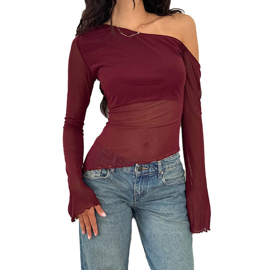 Damen asymmetrisches Langarmshirt mit transparenten Ärmeln und figurbetonter Silhouette EB