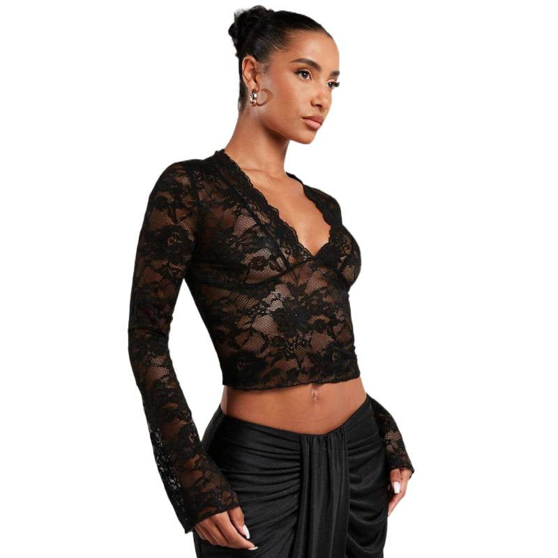 Damen Spitze Bluse mit eleganten Trompetenärmeln und V-Ausschnitt EB