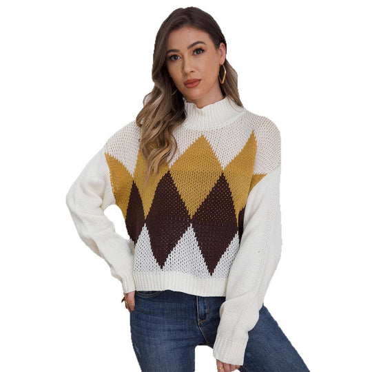 Damen modischer Strickpullover mit geometrischem Muster und hohem Kragen EB
