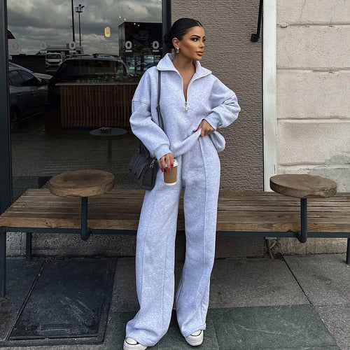 Damen nan Oversize Sweatshirt mit Halbzip und weiten Jogginghose Set EB