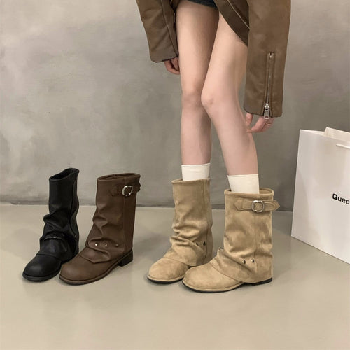Damen modische Stiefel mit elegantem Faltenwurf und stylishen Druckknopfdetails EB