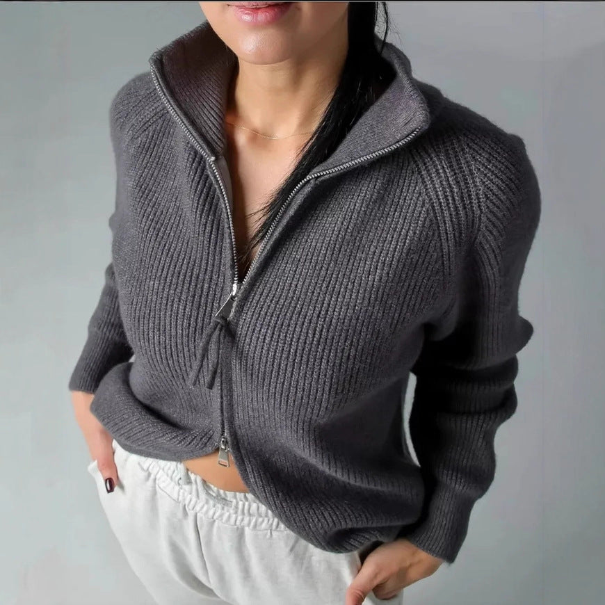 Damen Strickjacke mit hohem Kragen und durchgehendem Reißverschluss EB