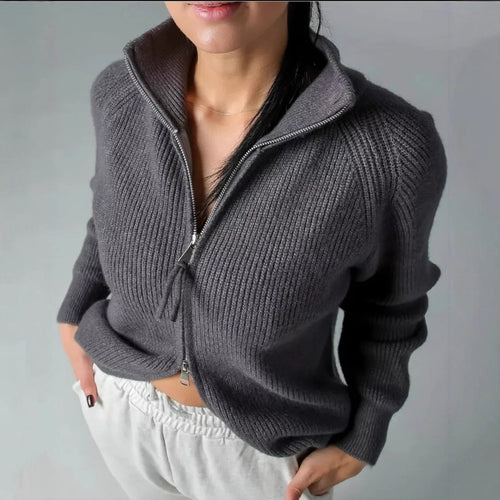 Damen Strickjacke mit hohem Kragen und durchgehendem Reißverschluss EB