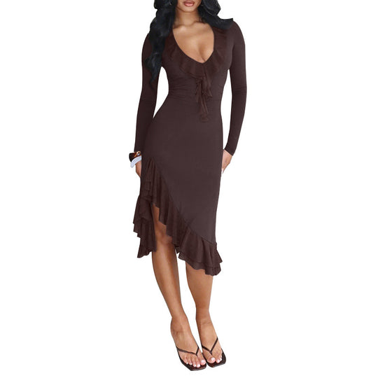 Damen charmantes Wickelkleid mit asymmetrischem Saum und Rüschendetails EB