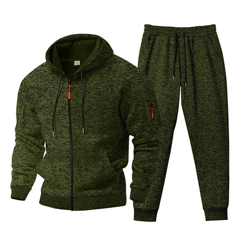 Herren nan meliertes Kapuzen-Sweatset mit durchgehendem Reißverschluss, Reißverschluss-Armtasche und Kordelzug-Jogginghose EB