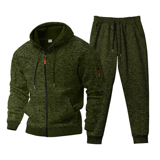Herren nan meliertes Kapuzen-Sweatset mit durchgehendem Reißverschluss, Reißverschluss-Armtasche und Kordelzug-Jogginghose EB
