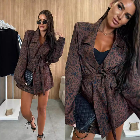 Damen nan tailliertes Blazerkleid mit Leopardenprint und Bindegürtel EB