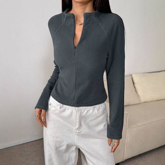 Damen sportlicher Fleece-Oberteil mit Stehkragen und Reißverschluss EB