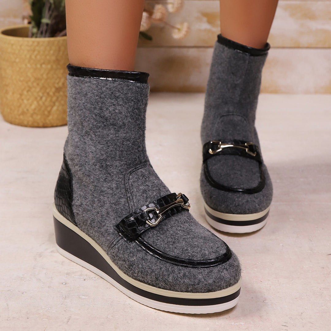 Damen Komfortable Wedge-Stiefeletten aus weichem Wollfilz mit modischem Krokodil-Detail EB