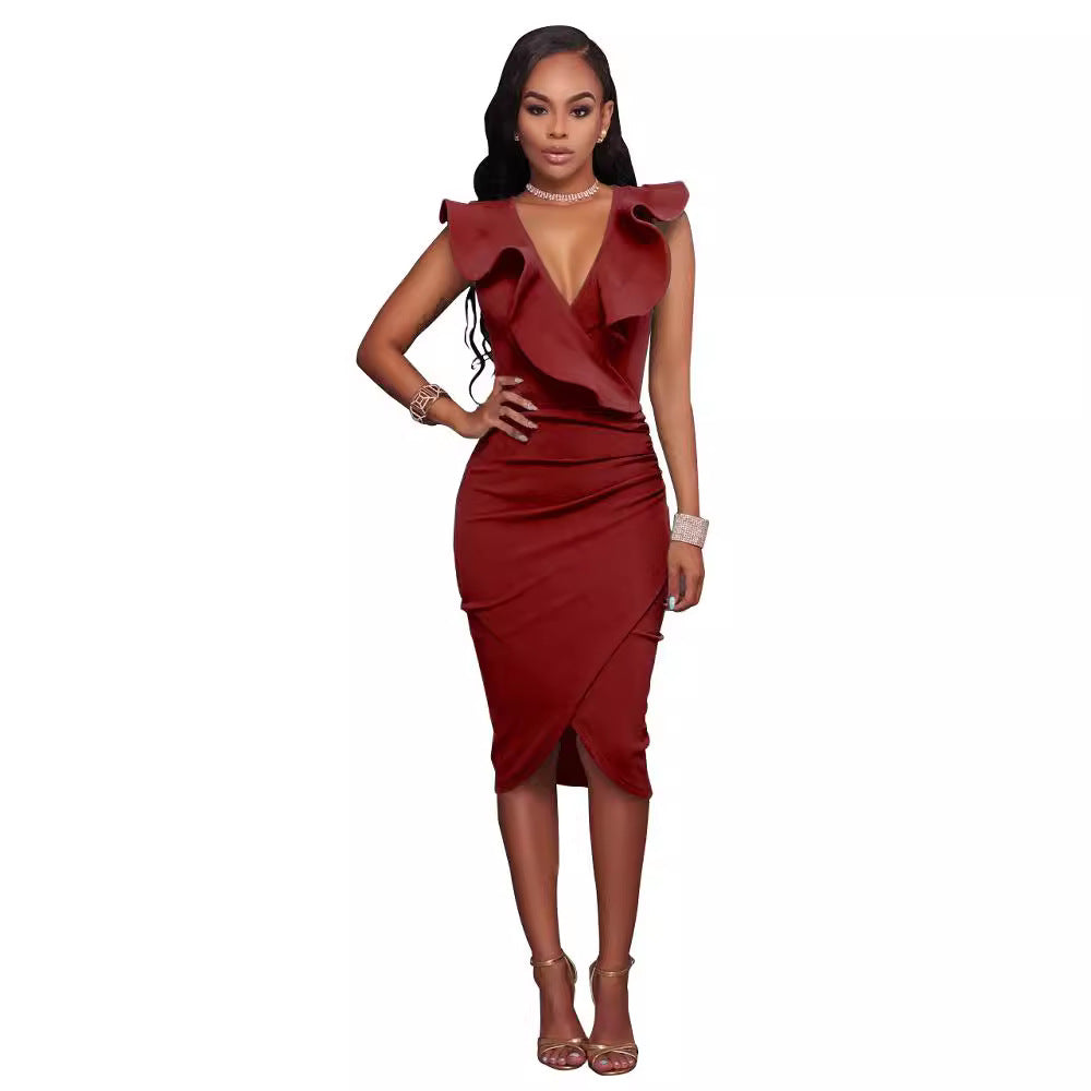 Damen elegantes Wickelkleid mit Rüschendetails EB